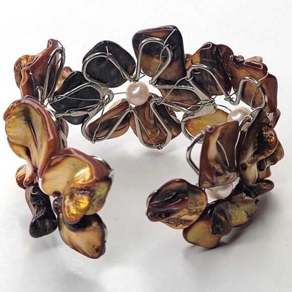 Brown Cuff Bracelet Freshwater Pearl and Mother Of Pearl Bangle NEW - Picture 3 of 9